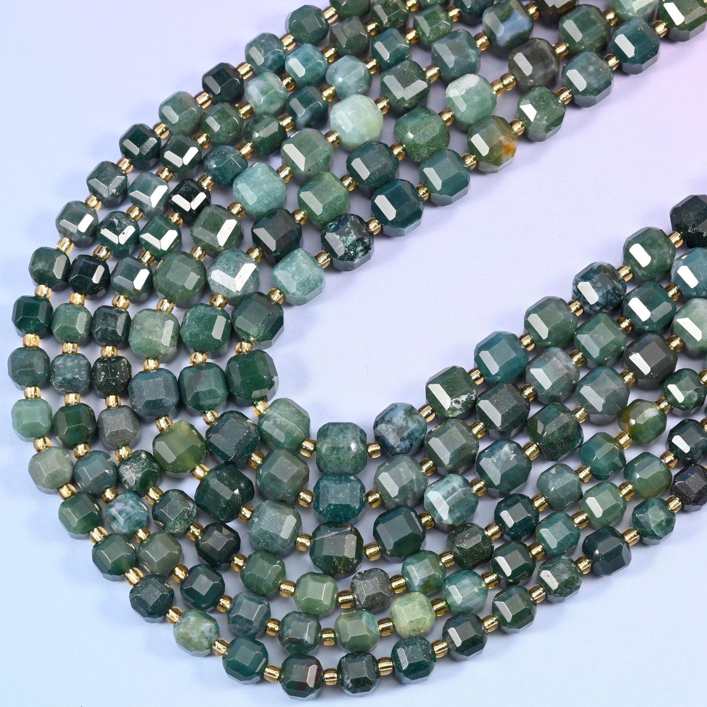 Moss Agate Faceted Cube Beads, 15 inch strand