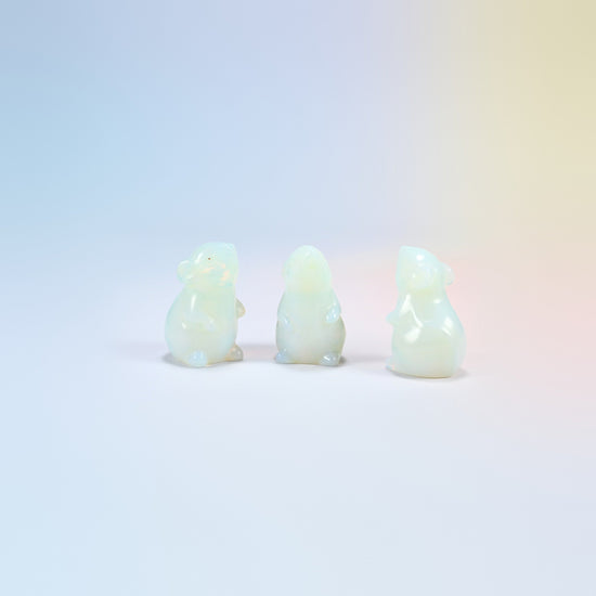 Three opalite mouse carvings, 1.5 inch, glowing man-made glass