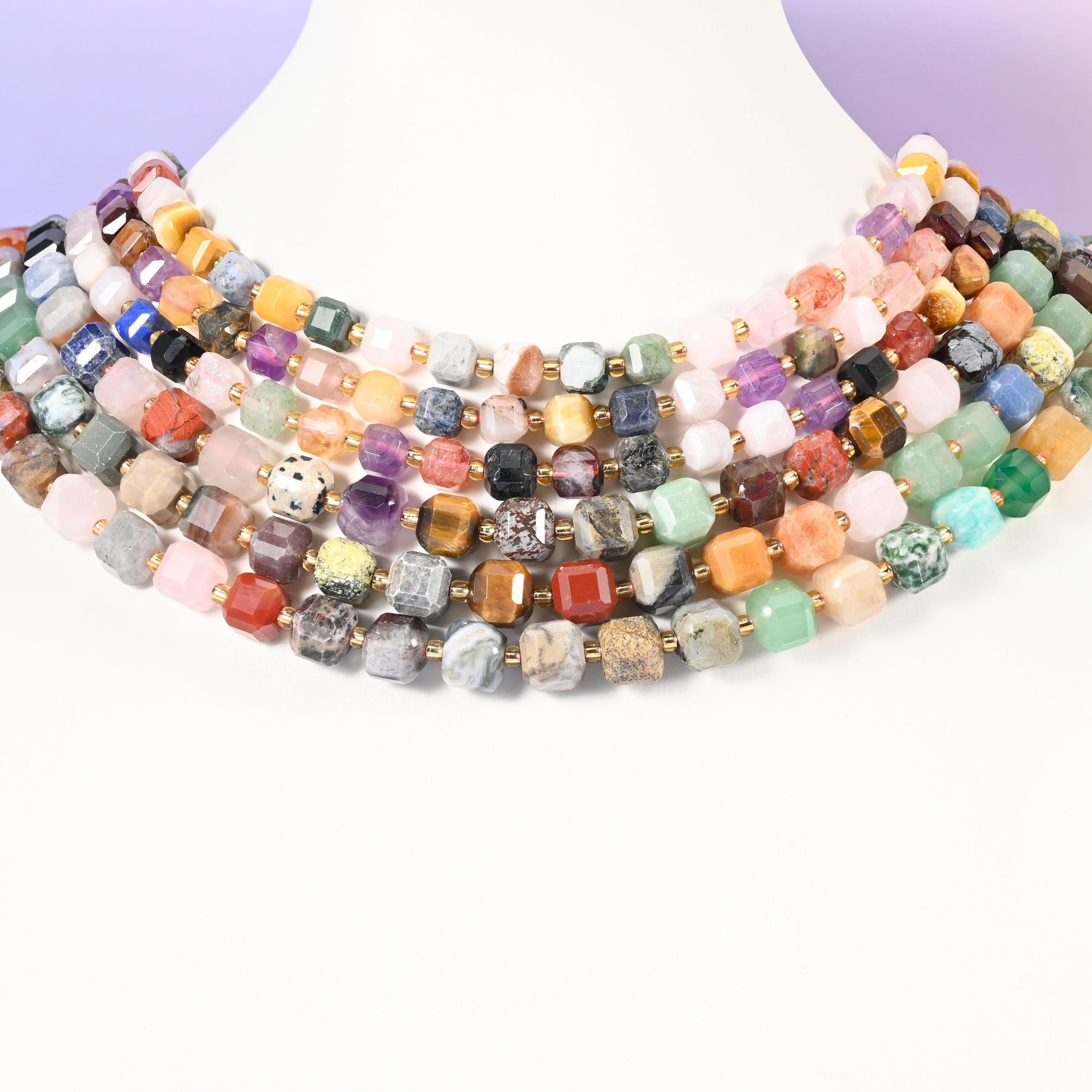 Assorted natural gemstones beads, faceted cube with clipped corners, 6mm, 8mm