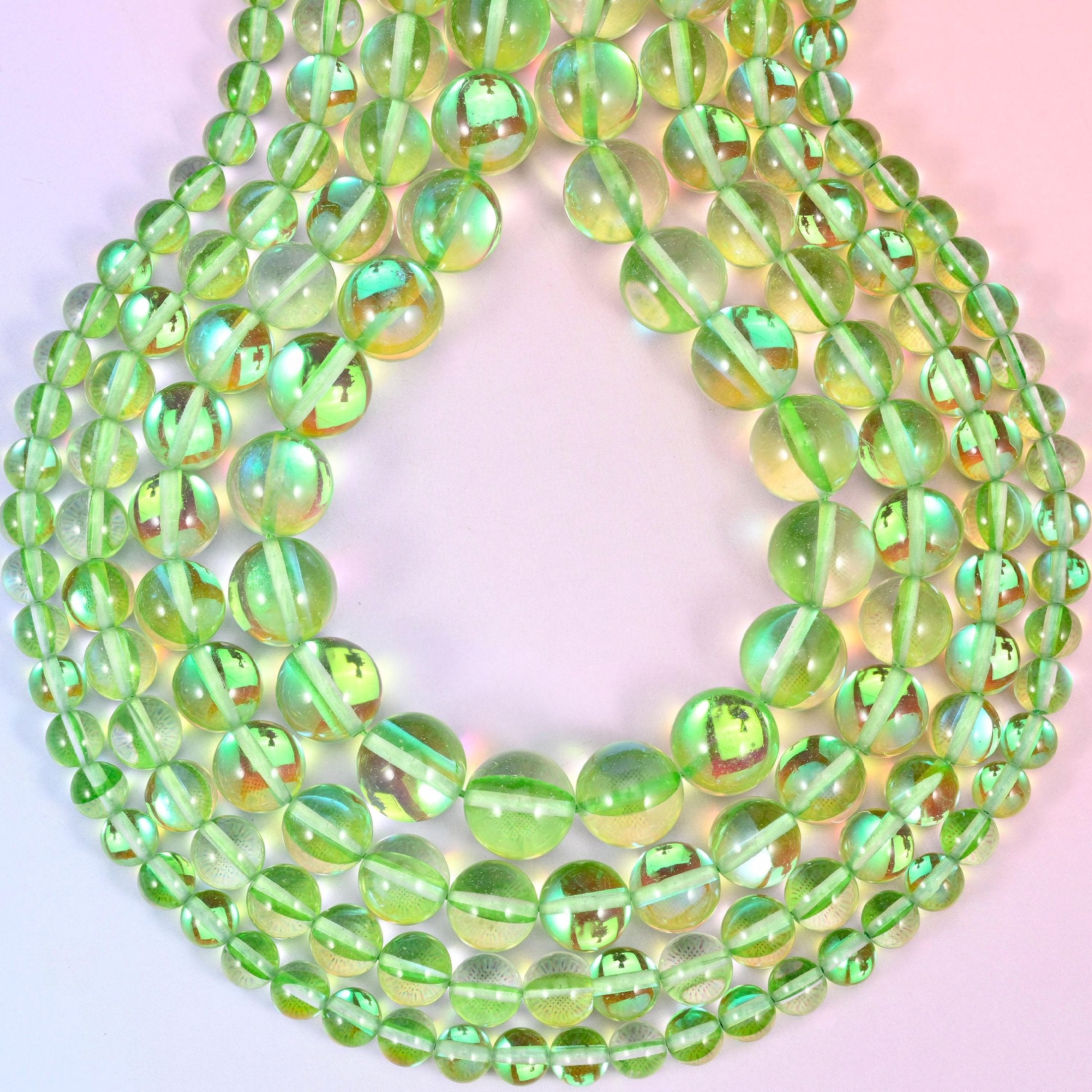 Mystic Aura Light Green Round Glass Beads, hole approximately 1.0mm