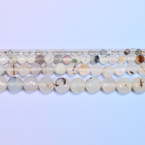 Black Flower Agate Faceted Round Beads 4mm 6mm 8mm 10mm in milky white and cream with black and brown dendritic flecks