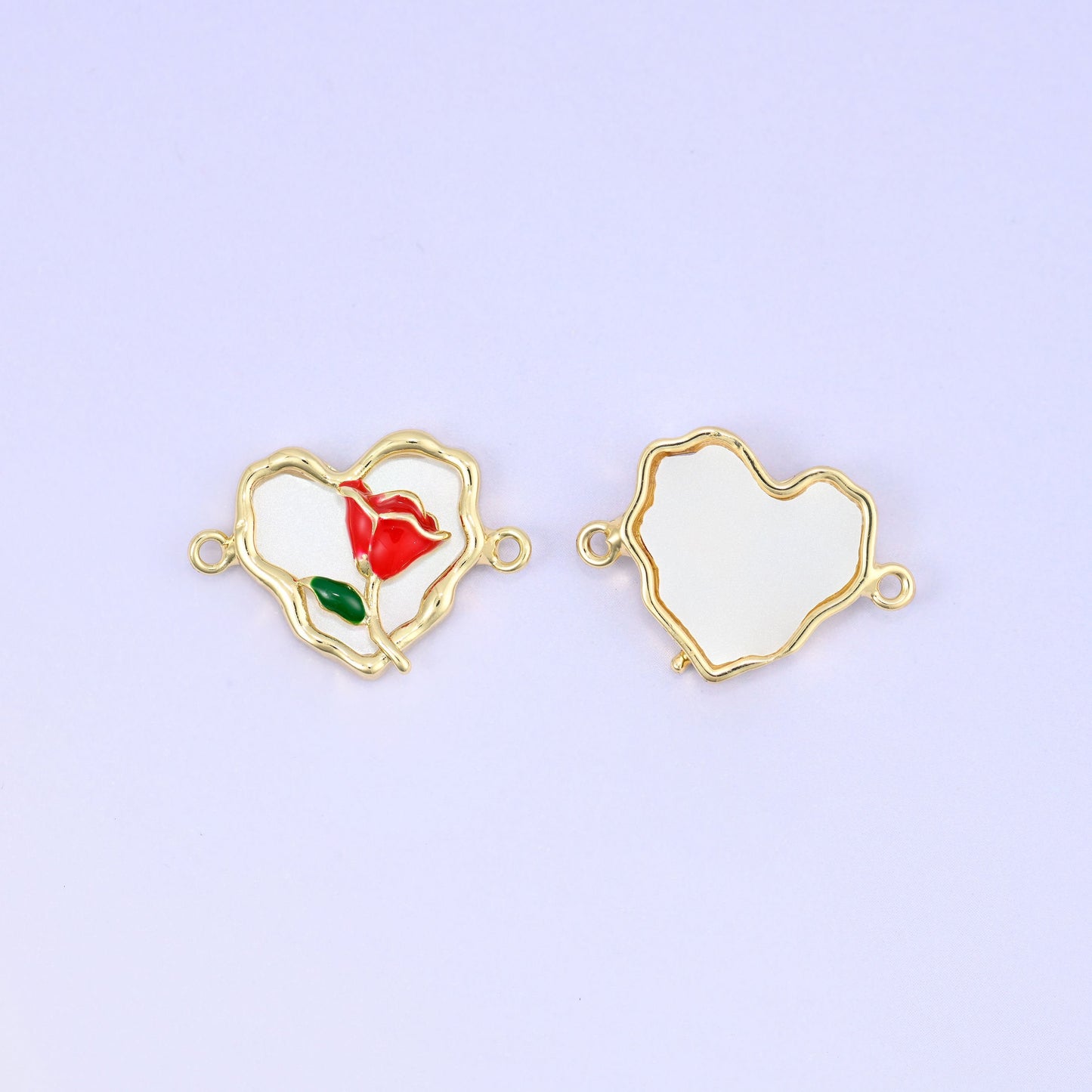 Enamel Heart Rose Double Connector Pendant in cream-white enamel with red rose accent