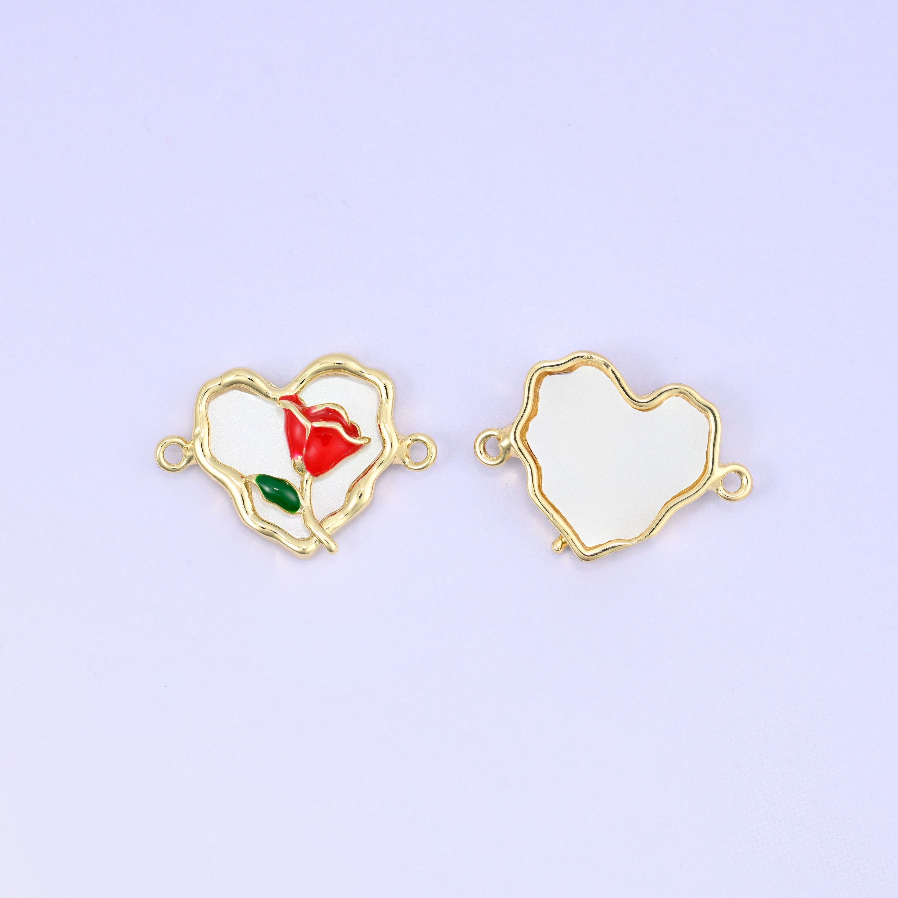 Enamel Heart Rose Double Connector Pendant in cream-white enamel with red rose accent