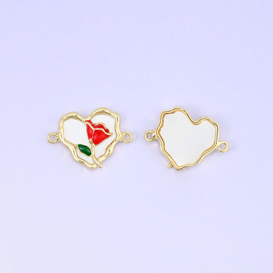 Enamel Heart Rose Double Connector Pendant in cream-white enamel with red rose accent