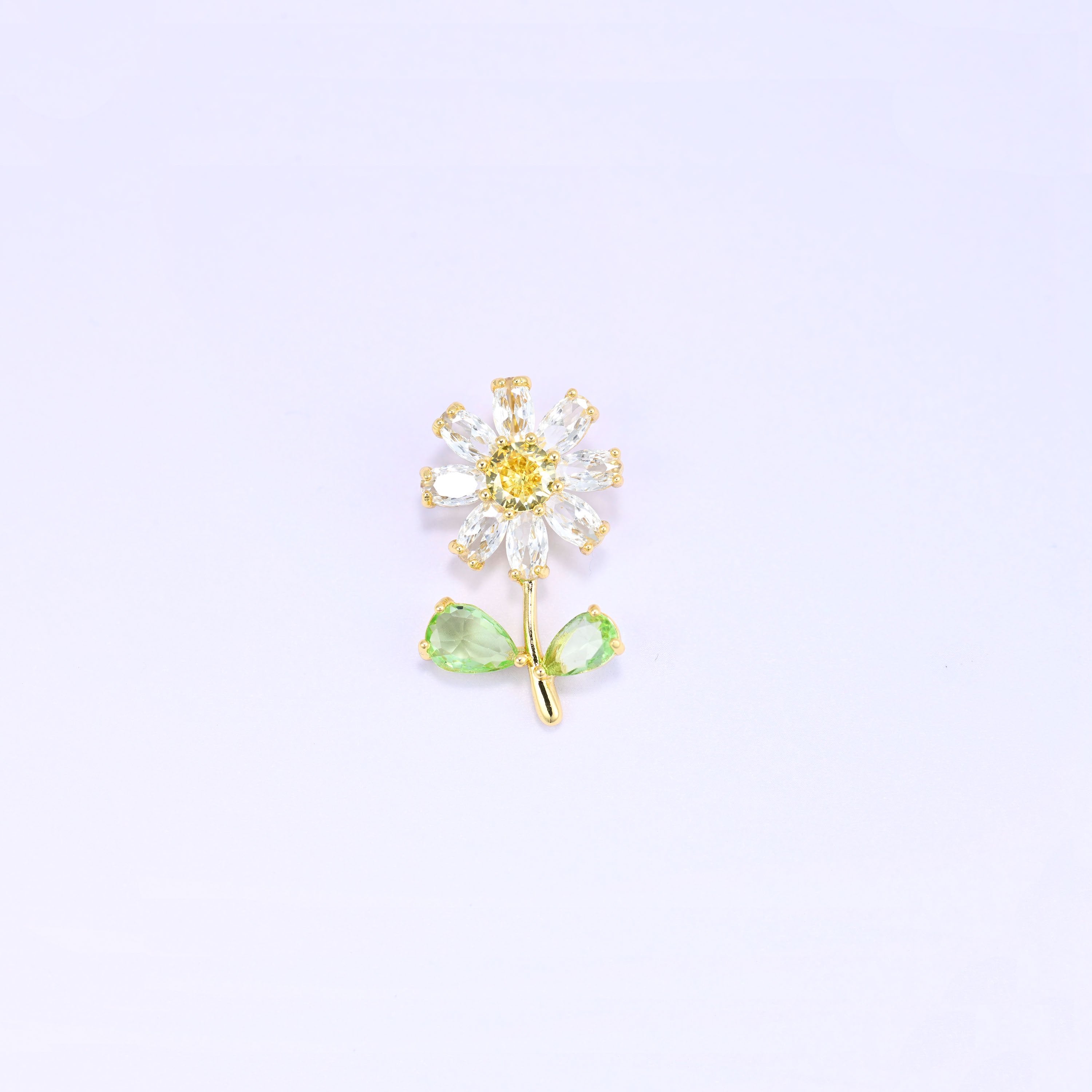 Daisy Flower Green Leaves Zircon Charms: 18K Gold Plated, Jewelry Making Supply