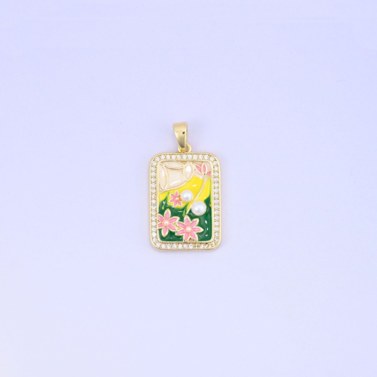 18K Gold Plated Brass Flower Rectangle Charm Pendant