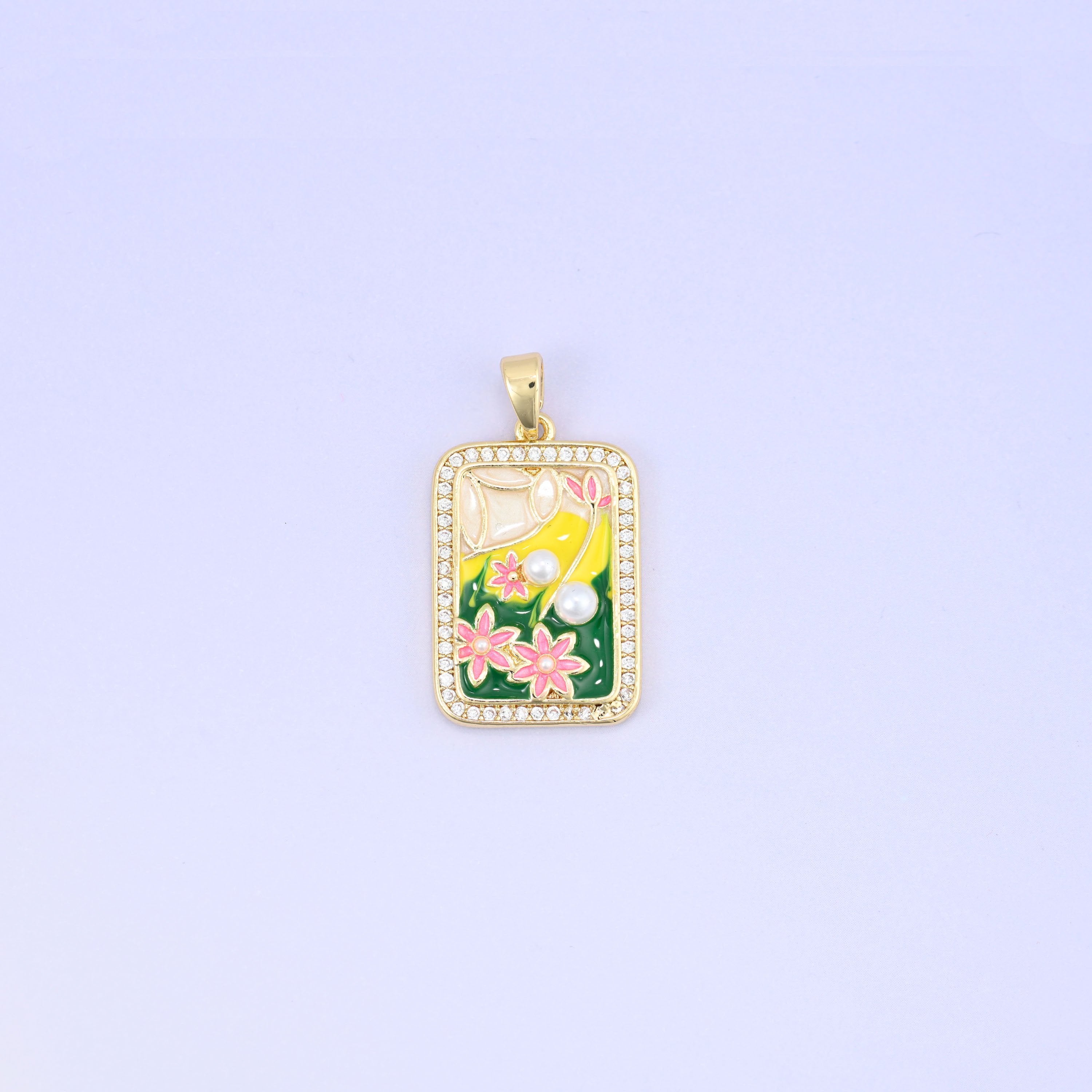 18K Gold Plated Brass Flower Rectangle Charm Pendant