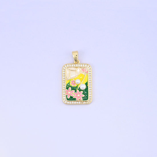 18K Gold Plated Brass Flower Rectangle Charm Pendant