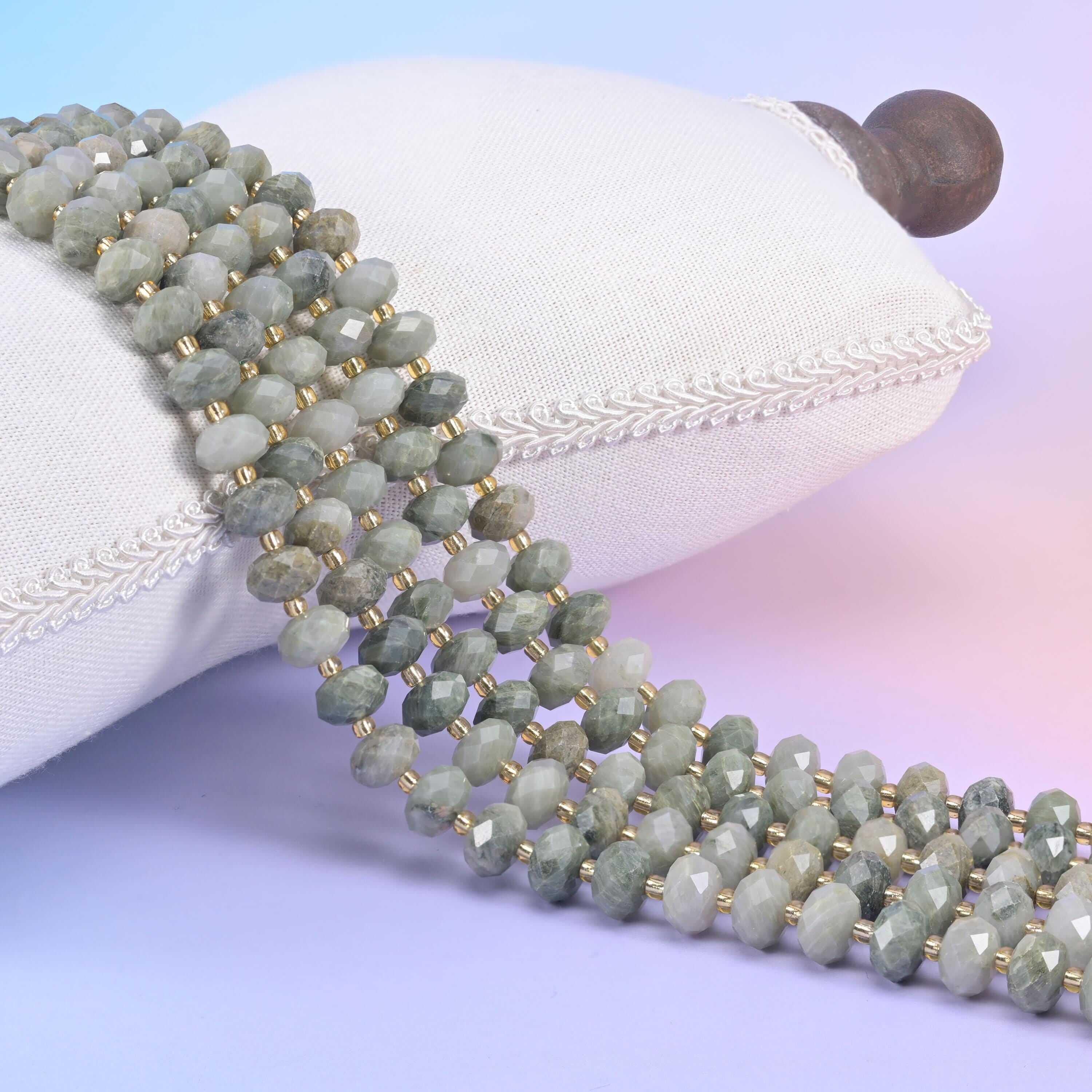 Green Rabbit Fur Quartz Faceted Rondelle Beads