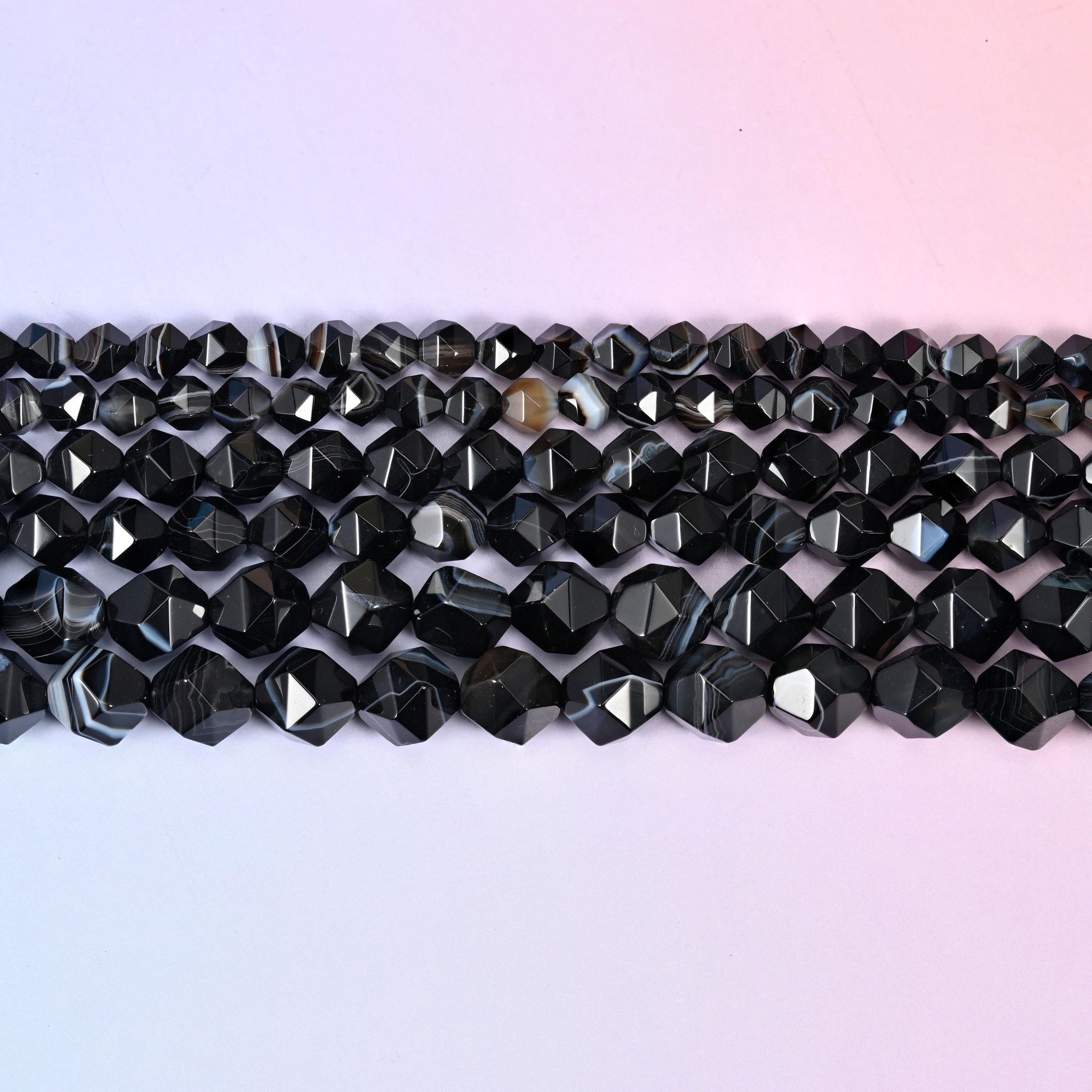 Black Strip Agate Diamond Cut Beads 6mm 8mm 10mm in black with white banding, occasional caramel and grey