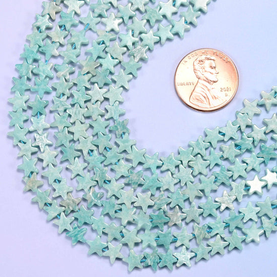 Flat five-pointed star cut blue amazonite beads