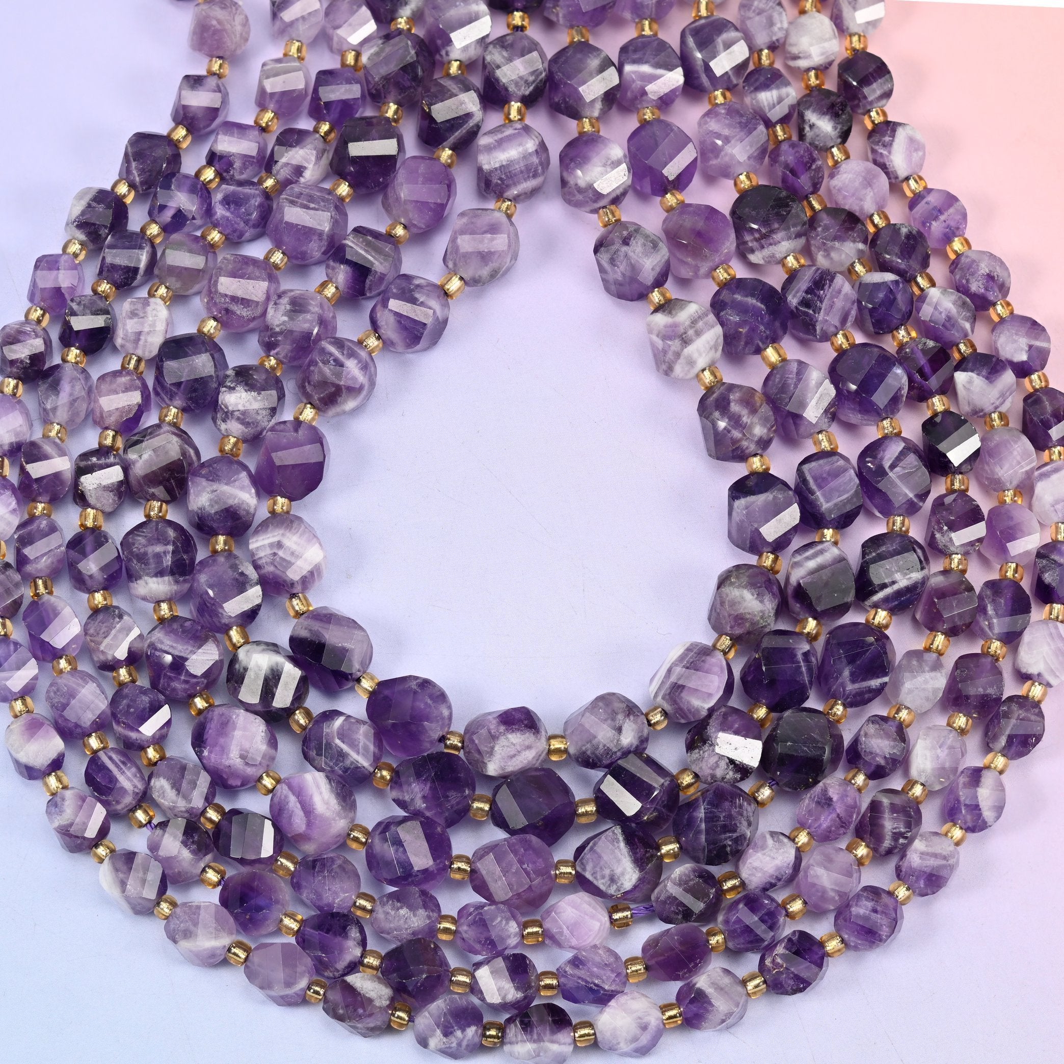 Chevron Amethyst Faceted Spiral Twist Beads 8mm 10mm, hole approximately 1.2mm (+/- 0.2mm), center drilled