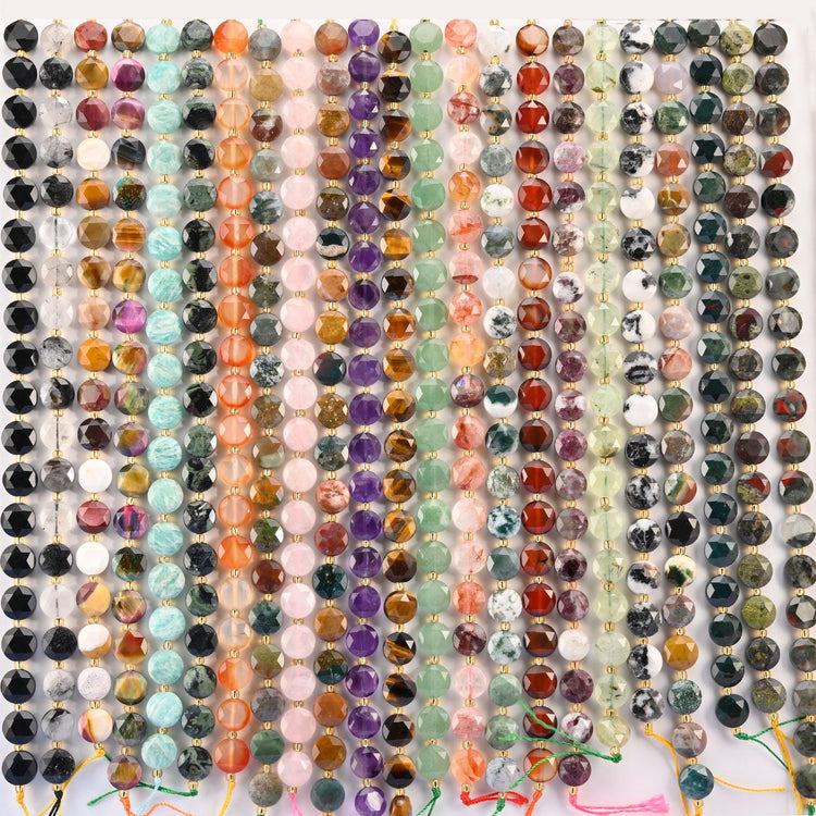 Natural Gemstone Coin and Disc Beads, offered in 28 stone varieties, each strand a single gemstone.