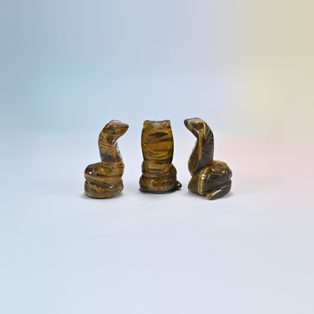 Cobra snake crystal carving in tiger eye, golden brown natural stone with shimmering bands