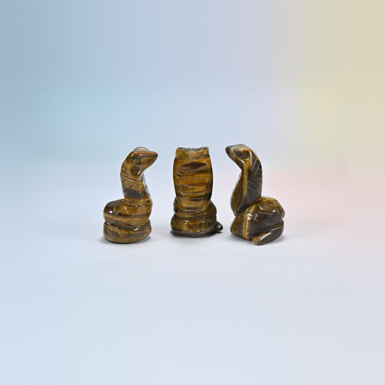Cobra snake crystal carving in tiger eye, golden brown natural stone with shimmering bands