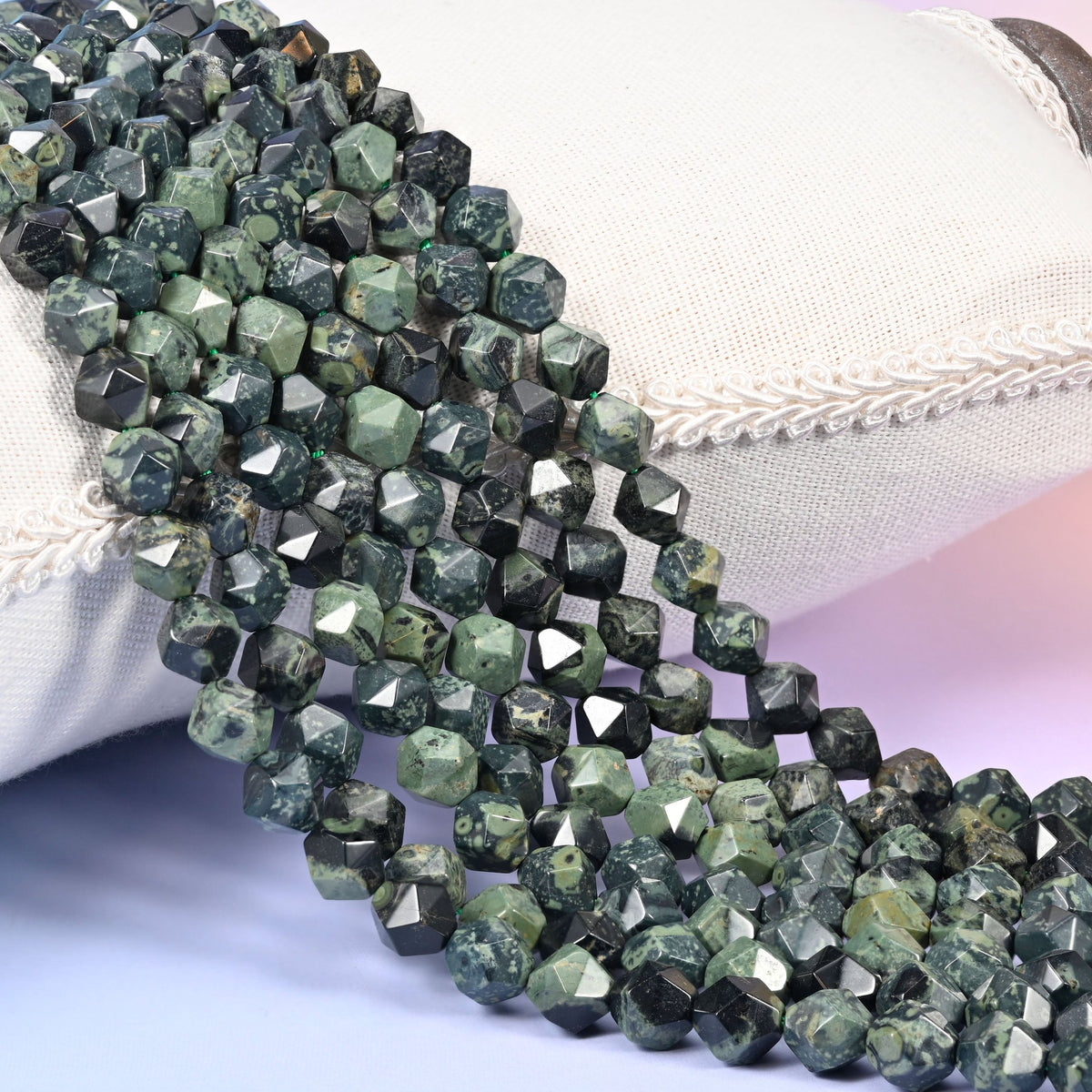 Kambaba Jasper diamond star cut beads in deep forest green with black orbicular rings