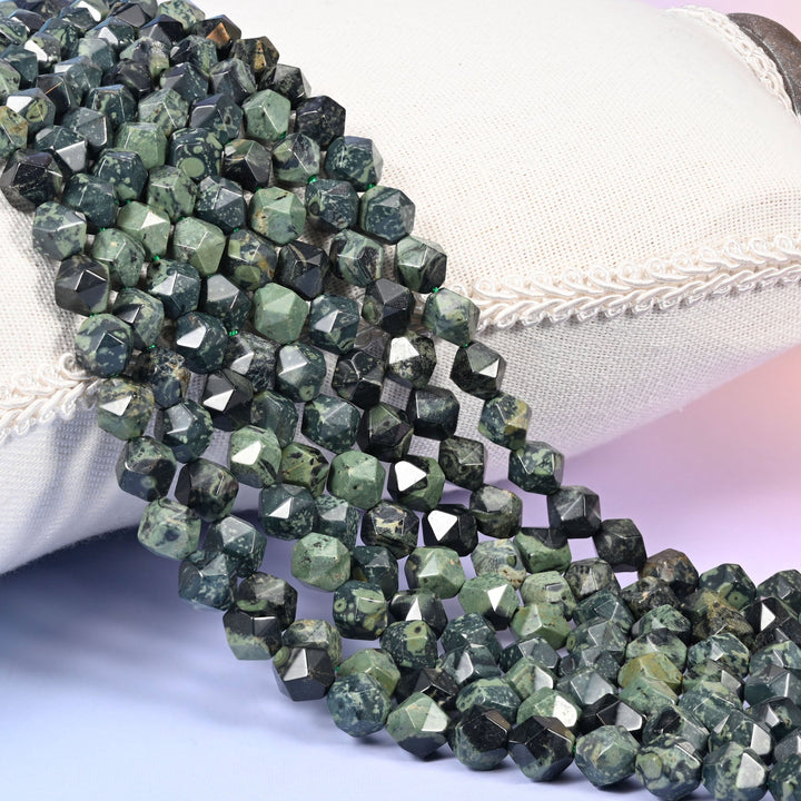 Kambaba Jasper diamond star cut beads in deep forest green with black orbicular rings