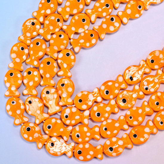 Orange with White Dot Fish Glass Beads, 15.5 inch strand