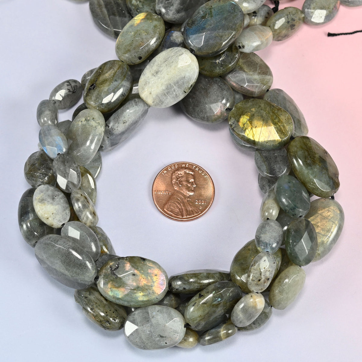 Gray Labradorite faceted oval beads looped close, center drilled with holes of 1.0mm to 1.2mm
