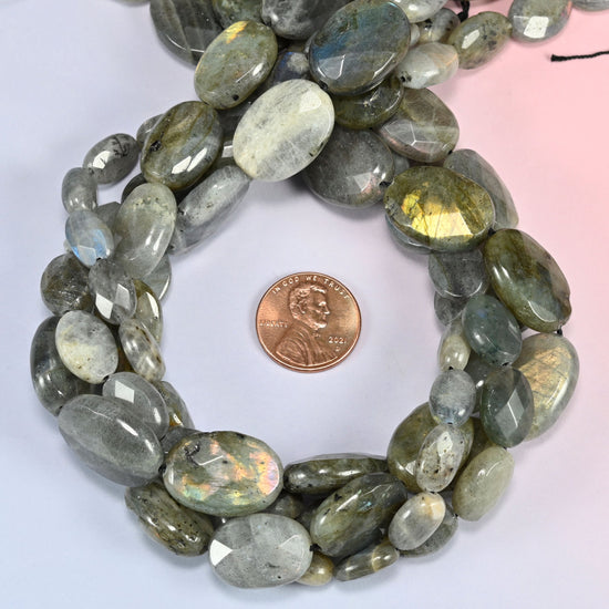 Gray Labradorite faceted oval beads looped close, center drilled with holes of 1.0mm to 1.2mm