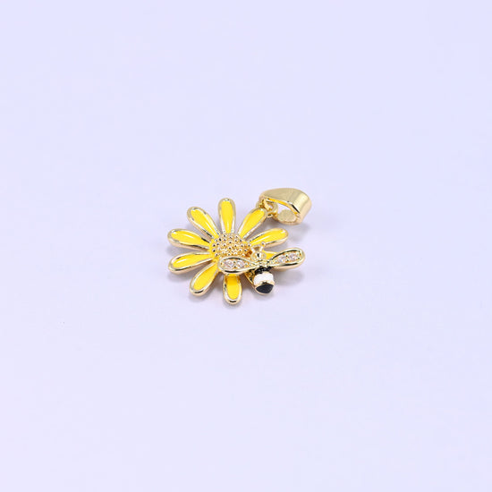 Yellow Sunflower Bee Enamel Charms: 18K Gold Plated Pendants, Jewelry Making Supply