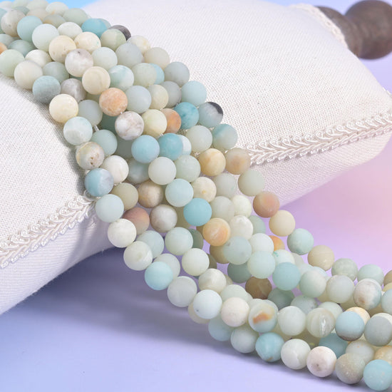 Multi-Color Amazonite Matte Round Beads, soft frosted mix of seafoam aqua, ivory, cream and sandy beige