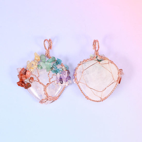 Heart Gemstone Pendant with Copper Wired Tree of Life in clear quartz, rose quartz, green aventurine or darker brown and grey stone