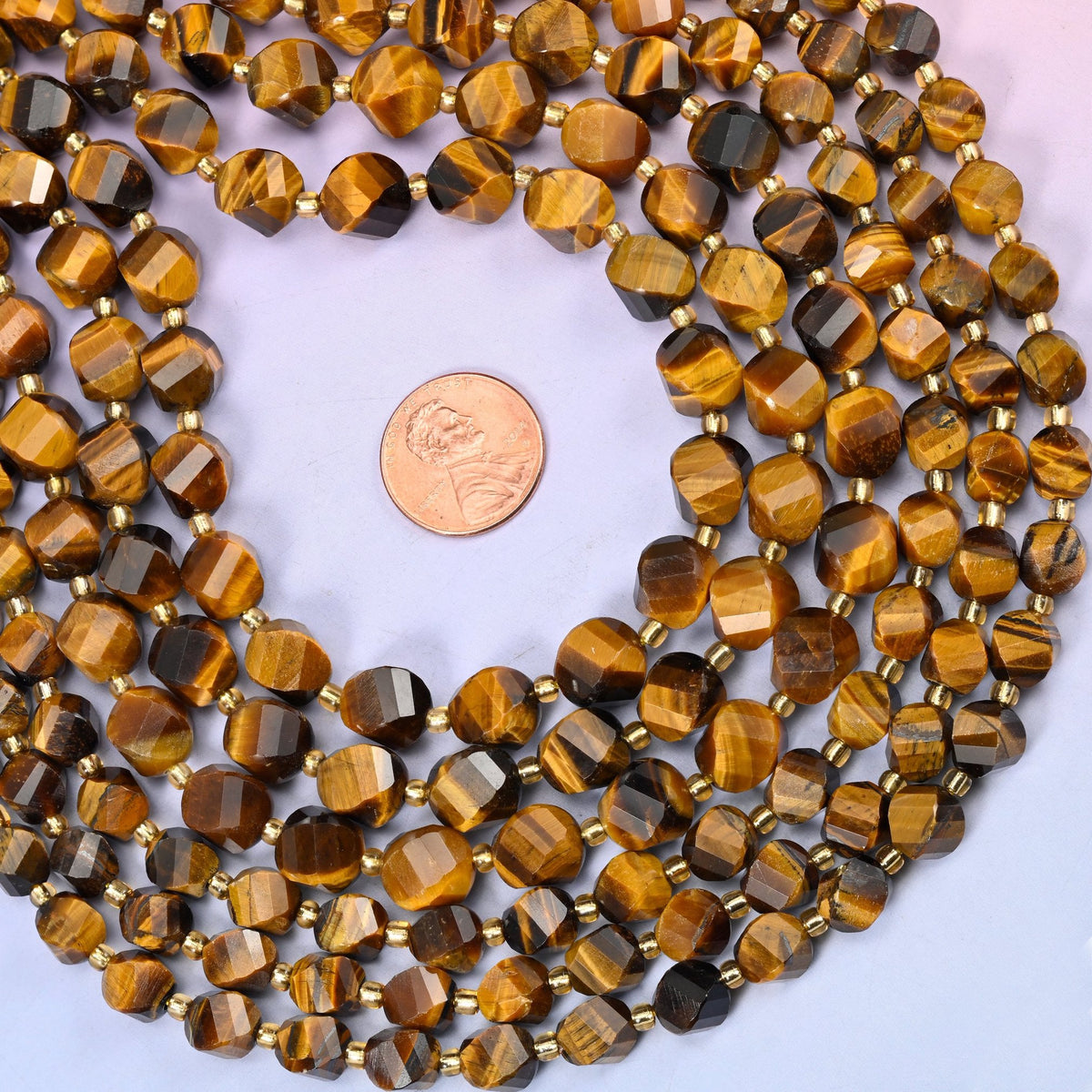 Tiger Eye Faceted Spiral Twist Beads, honey gold and toffee brown banding with a silky cat's eye shimmer