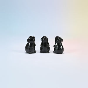 Three natural black obsidian mouse crystal carvings, 1.5 inch, glossy black
