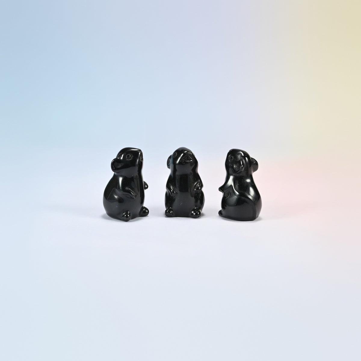 Three natural black obsidian mouse crystal carvings, 1.5 inch, glossy black