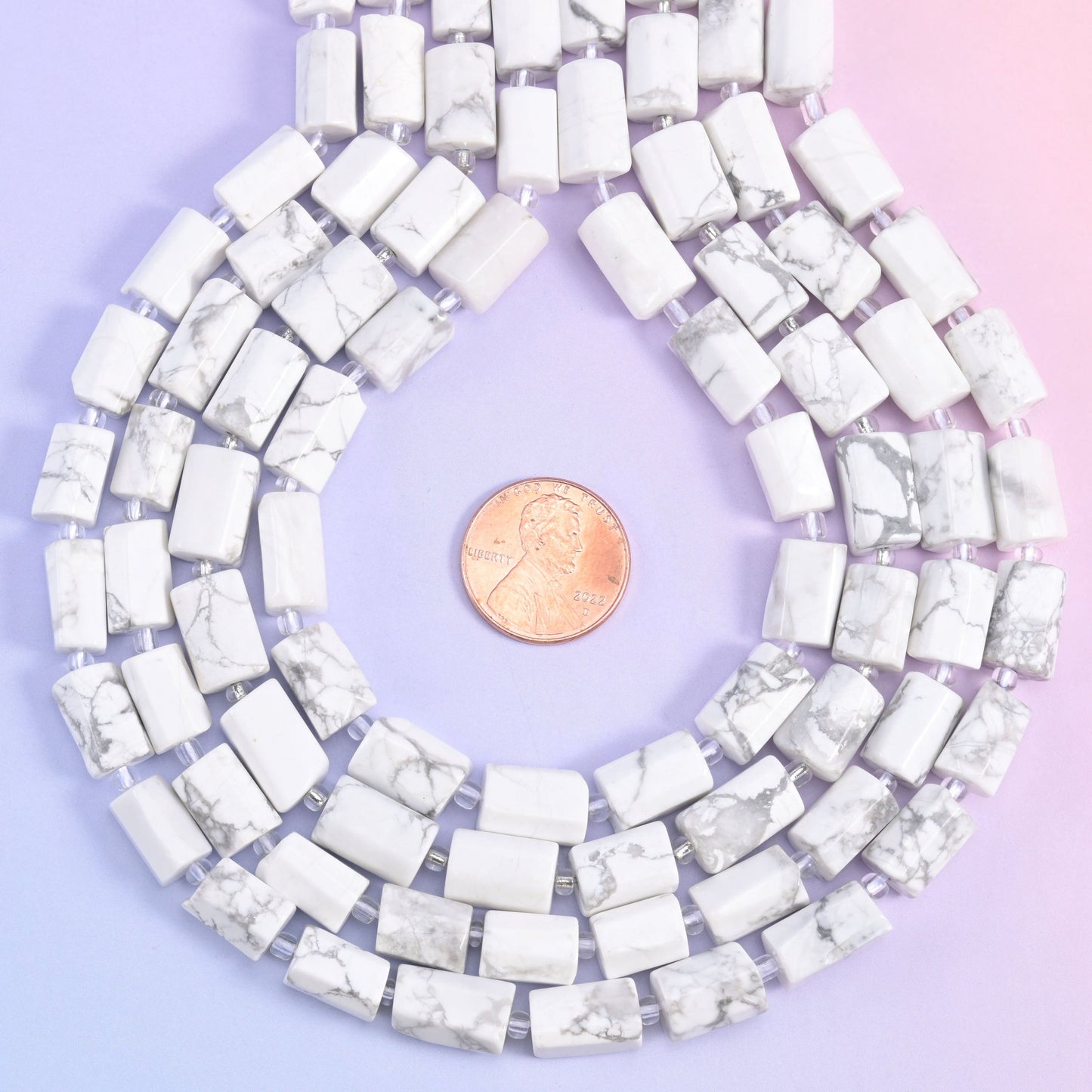 Natural White Howlite faceted tube cylinder beads, a clean white gemstone with a faceted shape