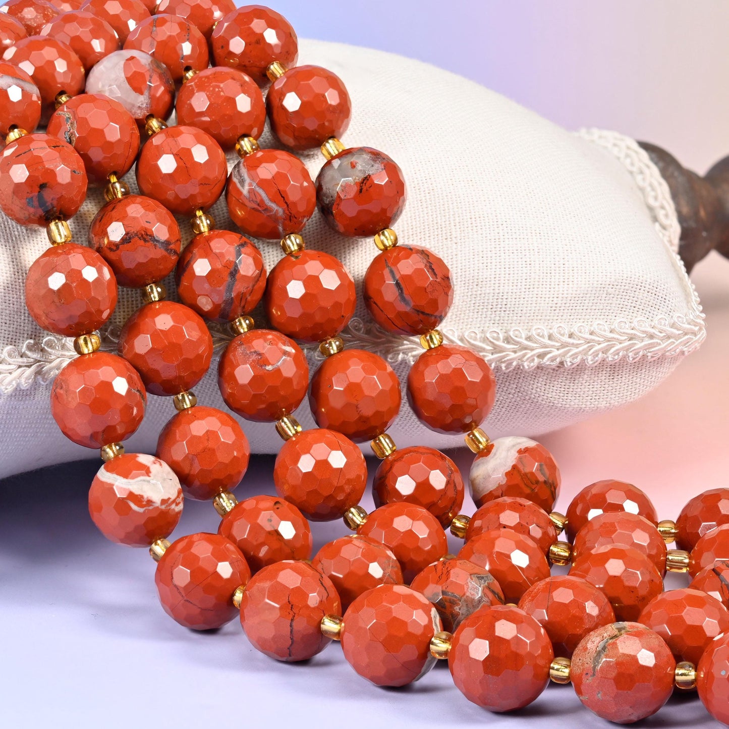 Flower Red Jasper Faceted Round Beads, brick-red rounds with cream and grey flower markings