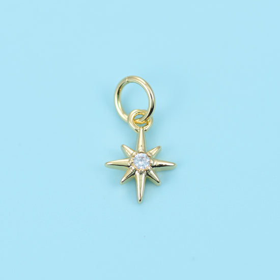 Brass, 18K gold filled, set beads, eight-point north star, 10 x 7.24mm