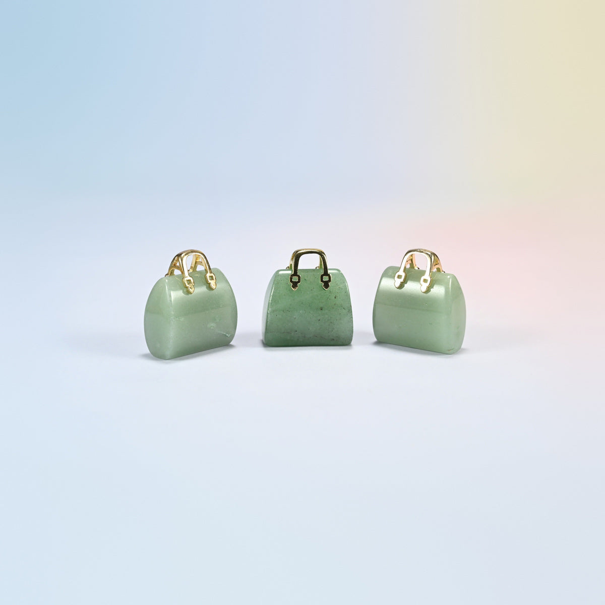 Three green aventurine purse crystal carvings, 1 inch, light to deep green natural stone, gold-tone handle