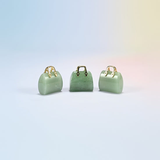 Three green aventurine purse crystal carvings, 1 inch, light to deep green natural stone, gold-tone handle