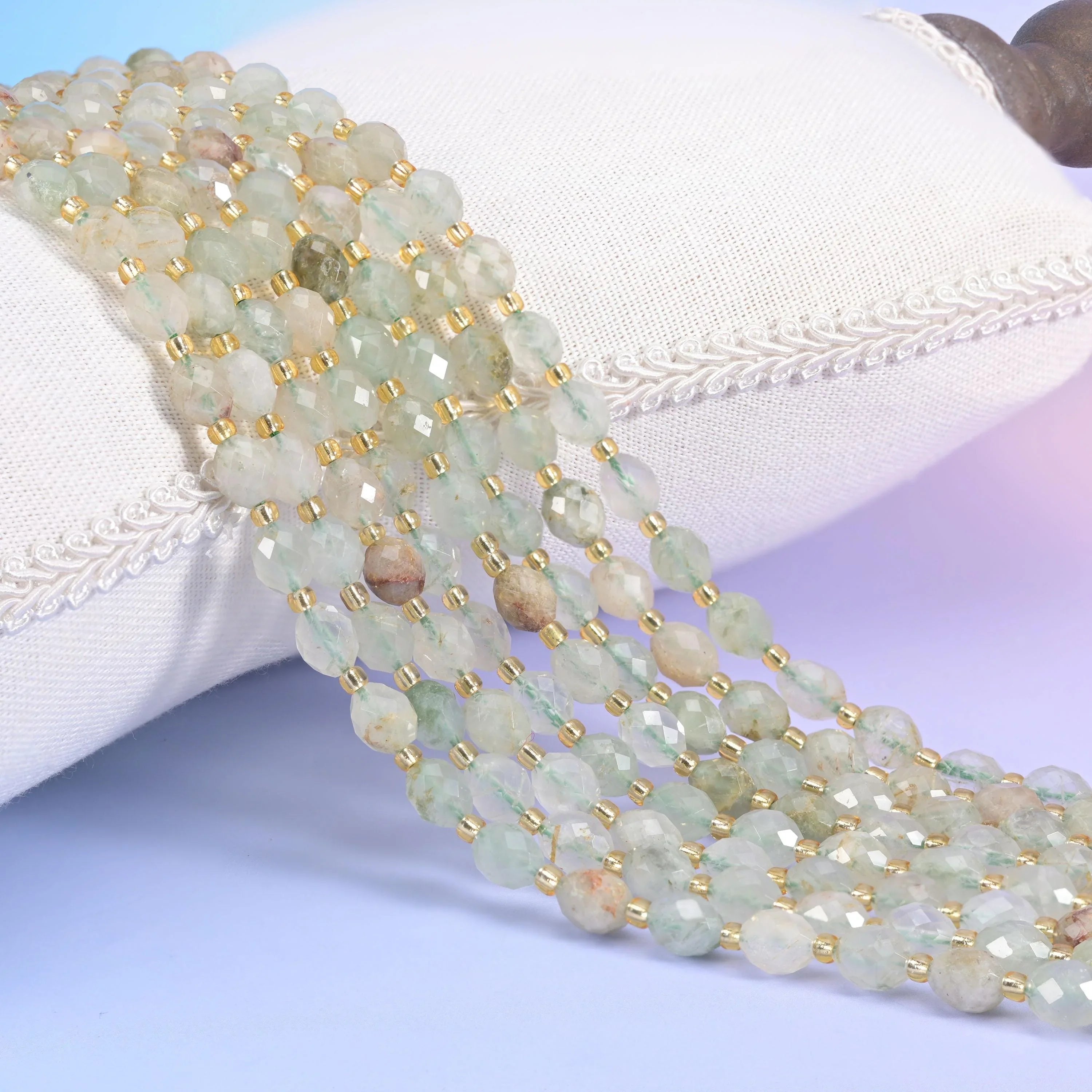 Green Rutilated Quartz Faceted Rice Barrel Beads