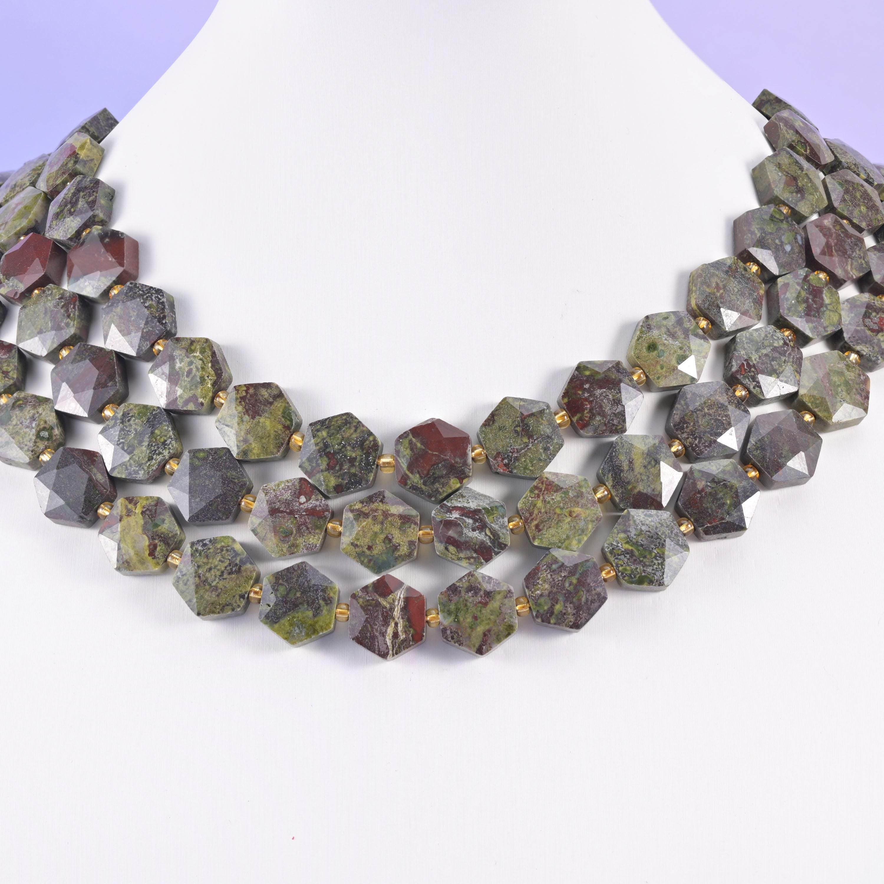 Dragon bloodstone hexagon beads, flat faceted shape, 12mm