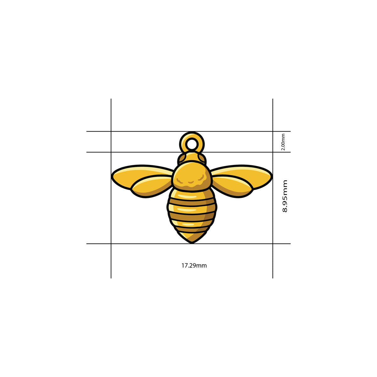 Small gold charms bee, dimension diagram of the 18K gold plated bee charm measured at 17.29mm across the wings and 8.95mm down the body, with a 2.00mm bail above
