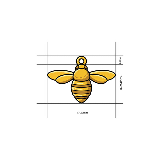 Small gold charms bee, dimension diagram of the 18K gold plated bee charm measured at 17.29mm across the wings and 8.95mm down the body, with a 2.00mm bail above
