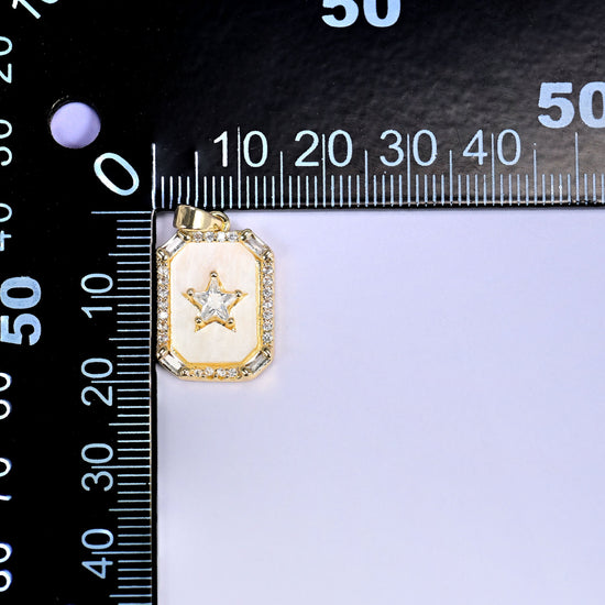 18K Gold Plated Brass Star Frame Charm Pendant with a white shell center, a sparkling clear zircon star, and a baguette and round zircon border