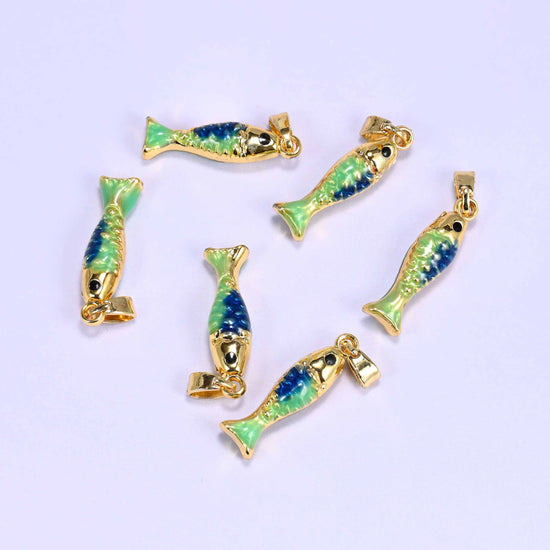 Enamel blue green fish charm, approximately 20mm x 6mm