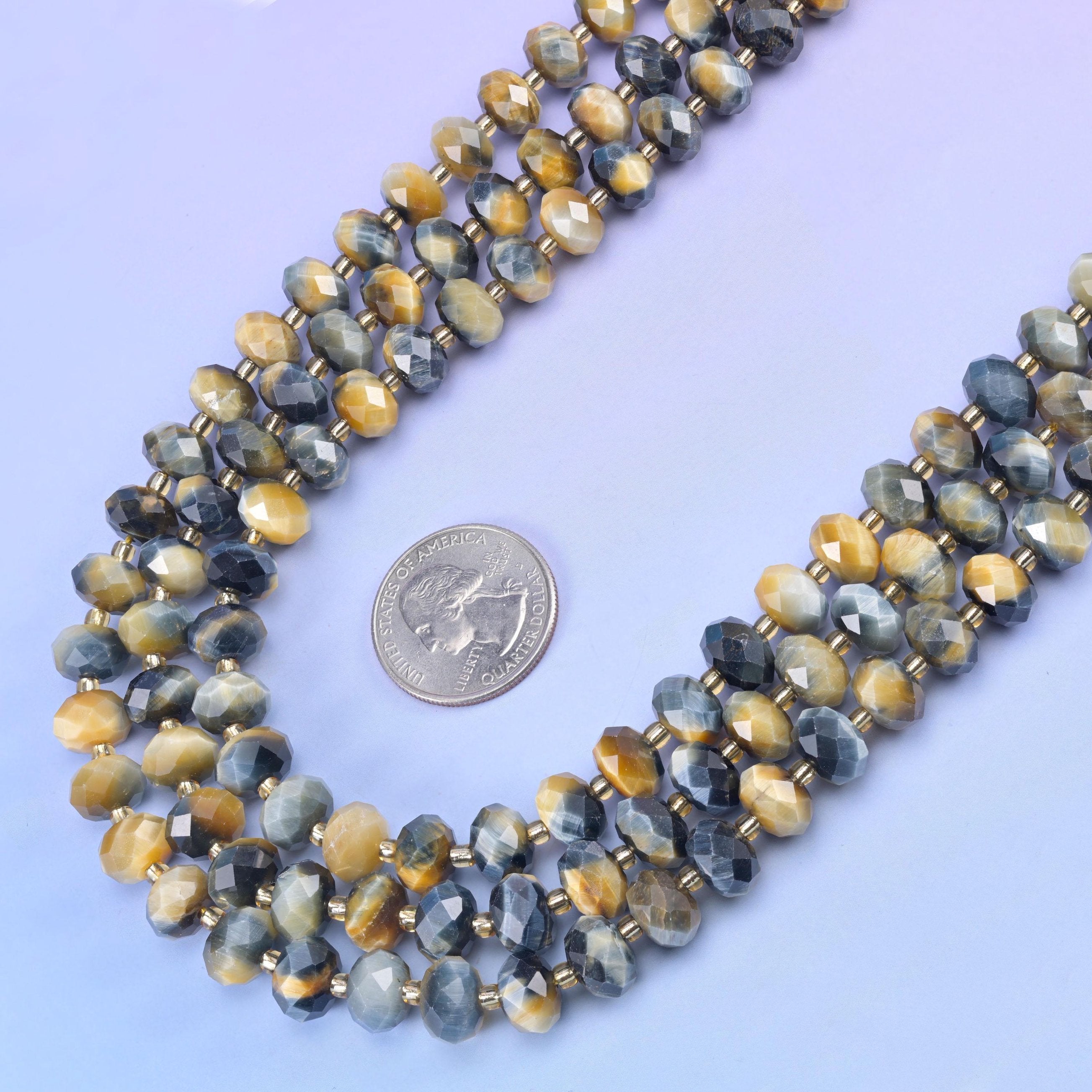 Gold Blue Dream Tiger Eye faceted rondelle beads, 15.5 inch strand