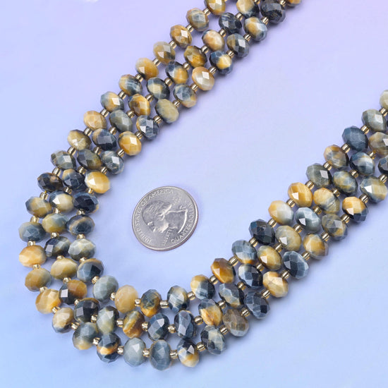 Gold Blue Dream Tiger Eye faceted rondelle beads, 15.5 inch strand