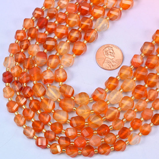 Orange Carnelian Faceted Spiral Twist Beads, 15 inch strand