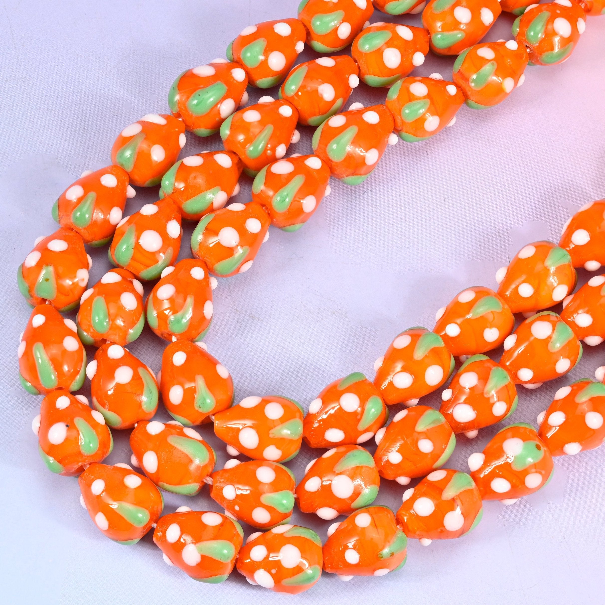 Orange White Dots Strawberry Glass Beads, 12 inch strand