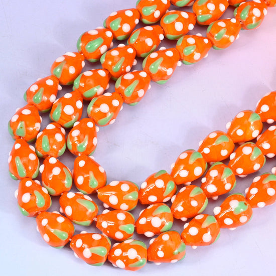 Orange White Dots Strawberry Glass Beads, 12 inch strand