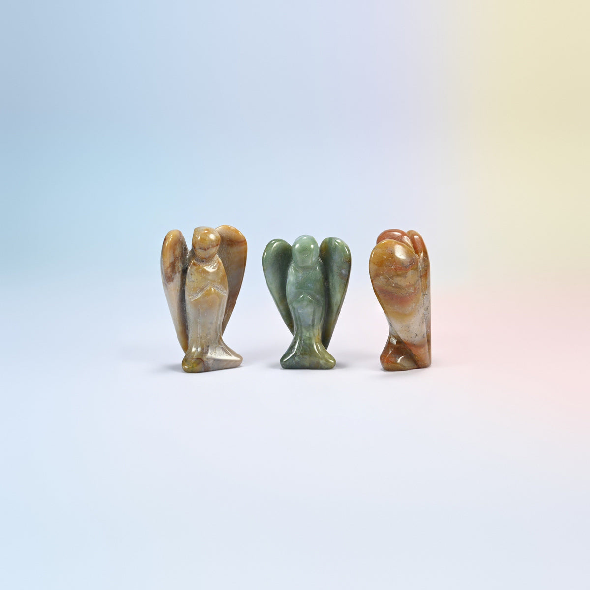 Three natural Indian agate guardian angel carvings, green, tan and brown, 2 inch