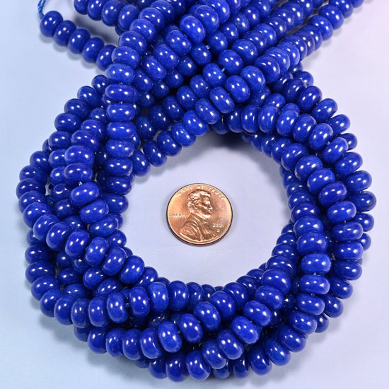 Dark Blue dyed jade gemstone rondelle beads coiled flat, 5x8mm smooth discs on a 15 inch strand