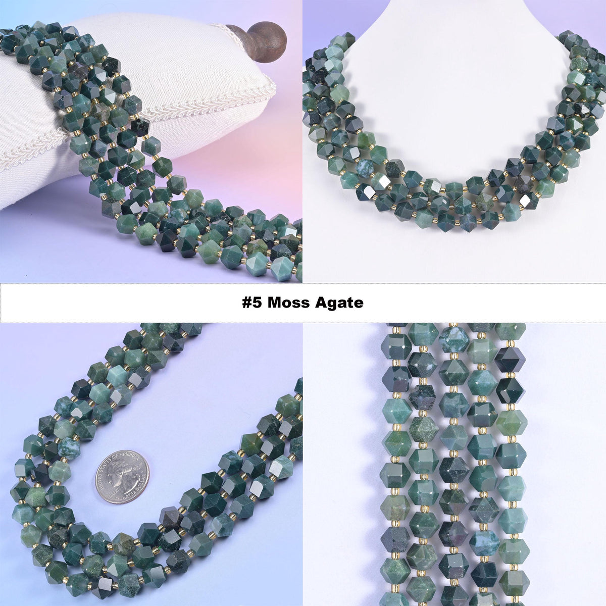 Faceted 8 sides diamond rhombus beads in moss agate, option 5 shown in four views, green moss patterning held in clear stone.