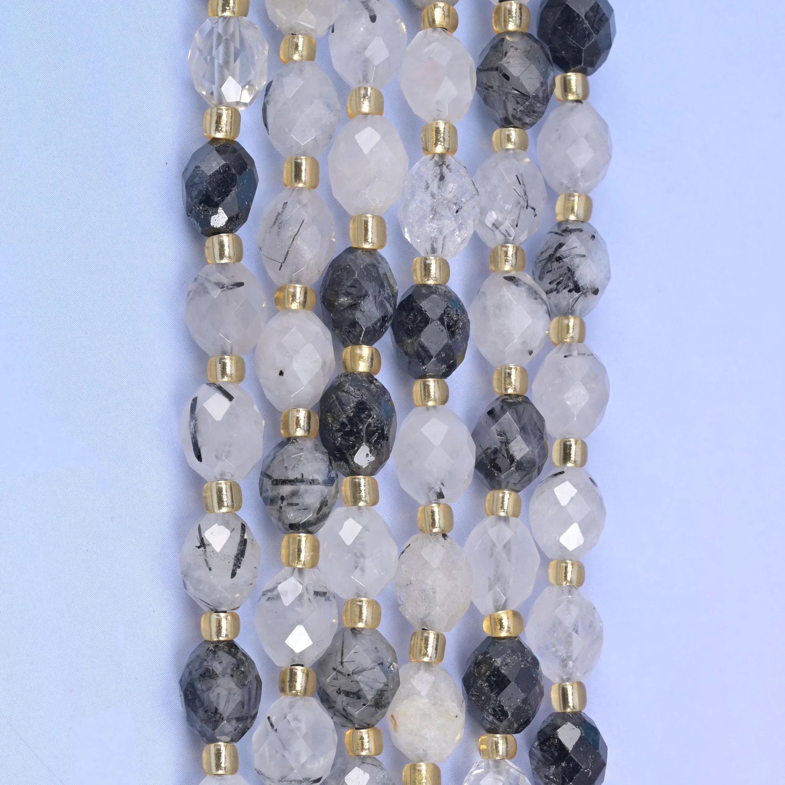Black Rutilated Quartz Faceted Rice Barrel Beads 6x8mm, 15.5 inch strand